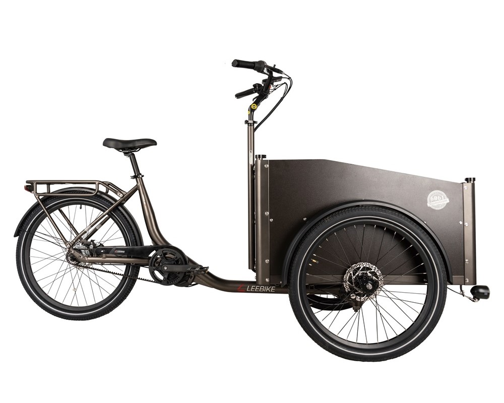 Vélo cargo électrique Bafang Lee650 à moteur central et transmission par courroie Gates, 3 roues
   